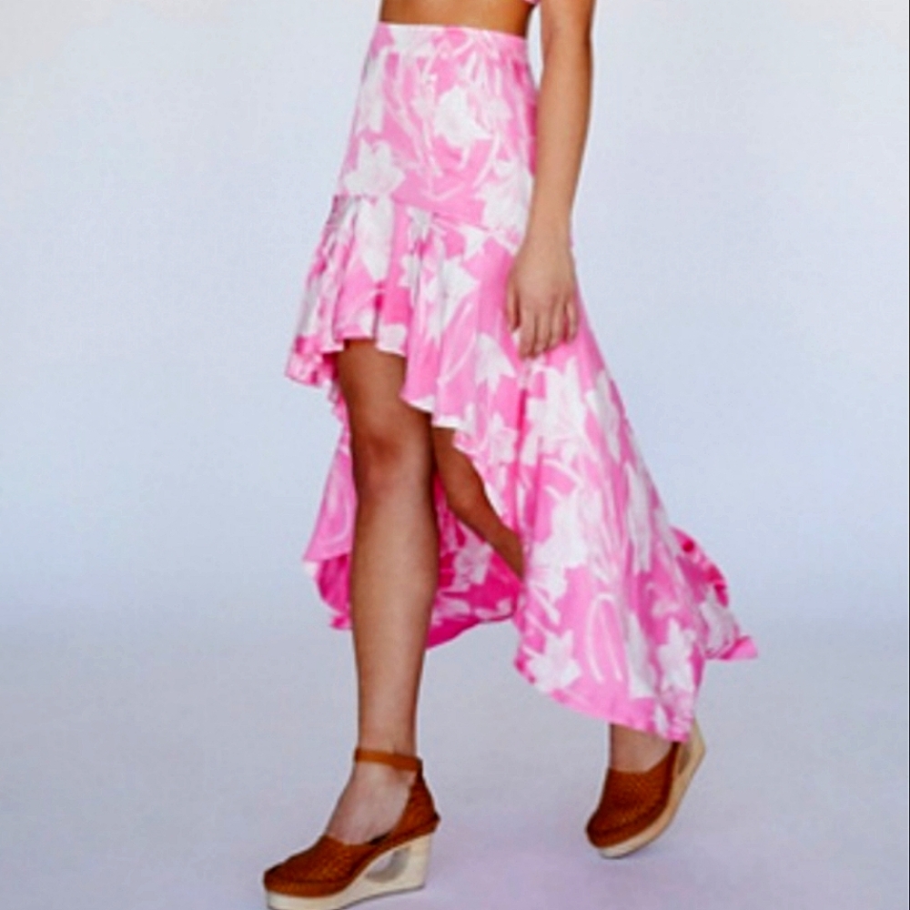 Free People Aurora 4 Pink Floral High-Low Skirt Flowing Boho Chic Summer Ready